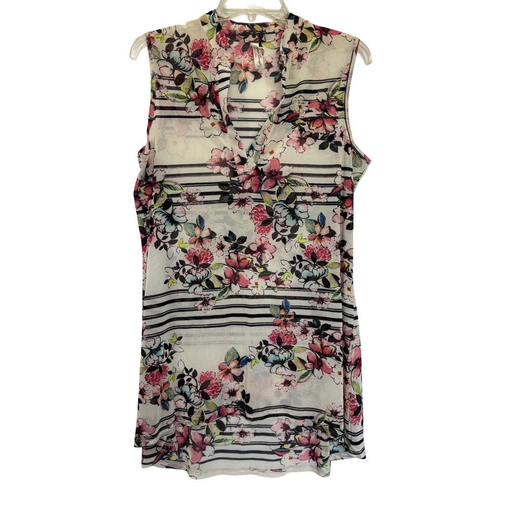 PerSeption Concept Sheer Striped Floral Sleeveless Top Women's Size Large